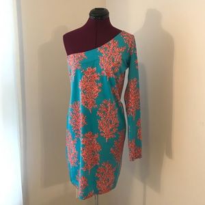 Lilly Pulitzer Coral & blue one sleeve midi dress